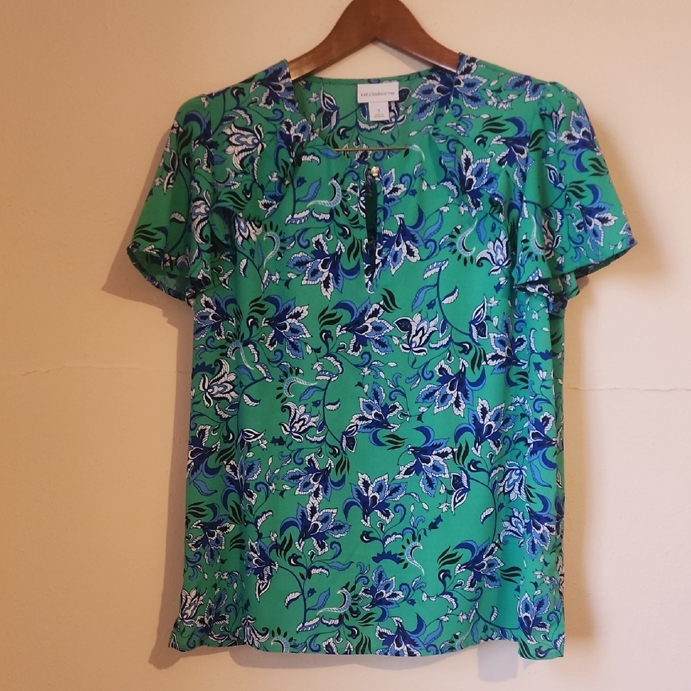 Liz Claiborne Green Floral Print Short Sleeve Blouse
